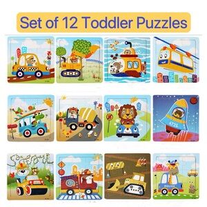 New！Set of 12 toddler puzzle baby wood puzzle construction and vehicle